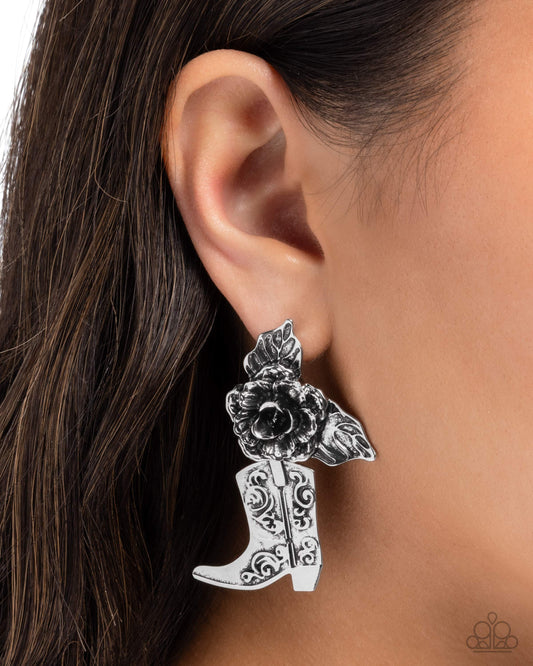 Dancing Boots - Silver Western Cowboy Boot Post Earring Santa Fe Style Paparazzi E3138