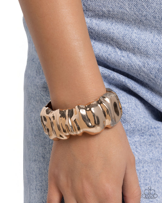Warped Wheelhouse - Gold Hammered Abstract Hinged Bracelet Paparazzi B2423