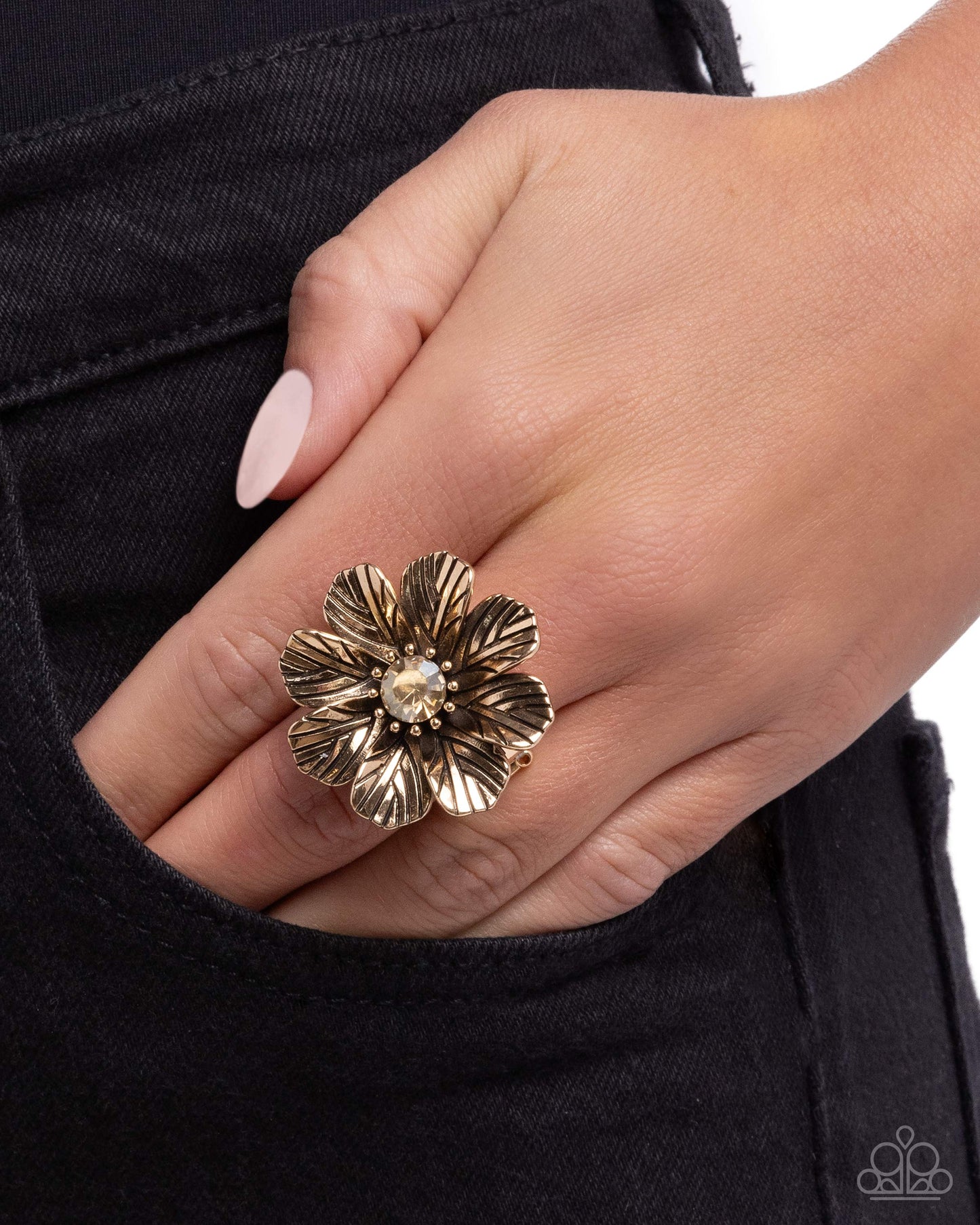 Paparazzi Textured Truth - Gold - Antiqued Gold Finished Flower Ring R1269