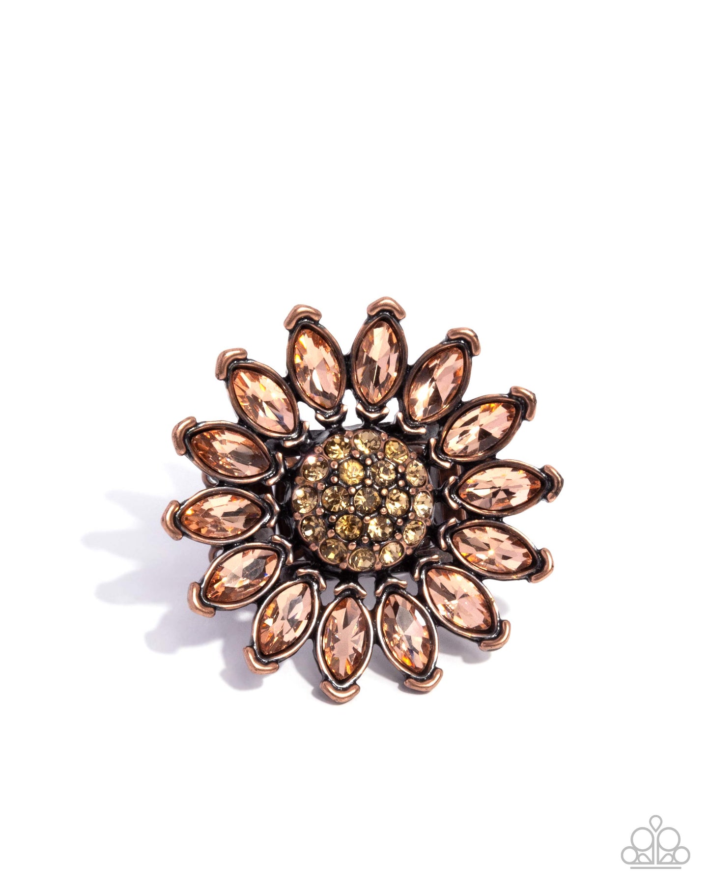 Sunflower Setting - Copper, Peach Rhinestone & Topaz Gem Flower Statement Ring Paparazzi R1146