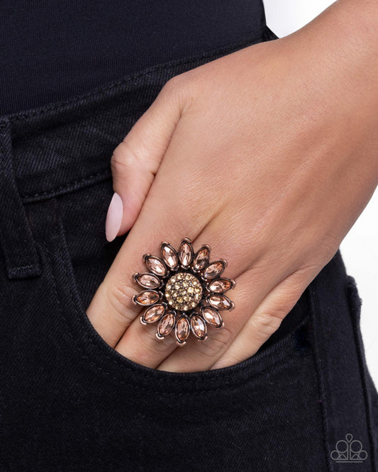 Sunflower Setting - Copper, Peach Rhinestone & Topaz Gem Flower Statement Ring Paparazzi R1146