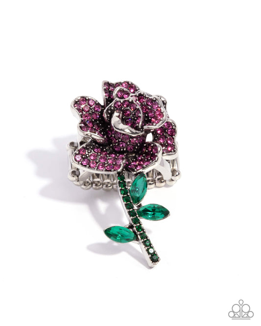 Boutonniere Bling - Pink Fuchsia Rhinestone Silver Rose Ring Paparazzi R1150