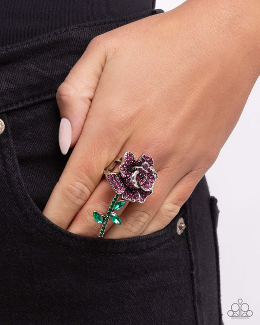 Boutonniere Bling - Pink Fuchsia Rhinestone Silver Rose Ring Paparazzi R1150