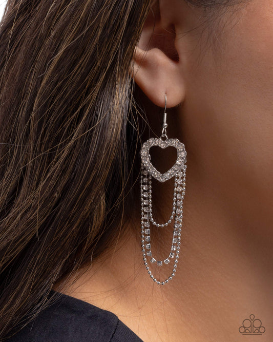 Haute Hangout - White Rhinestone Silver Heart Chandelier Earring Paparazzi E3101