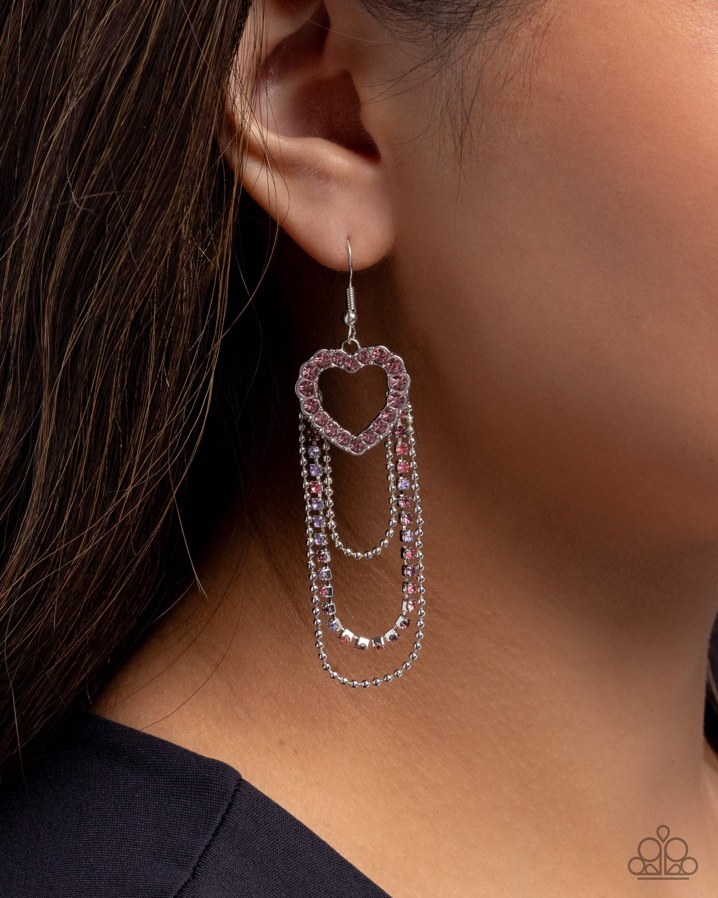 Paparazzi Haute Hangout - Purple - Light Amethyst Rhinestone Silver Heart Layered Chain Earring E3224
