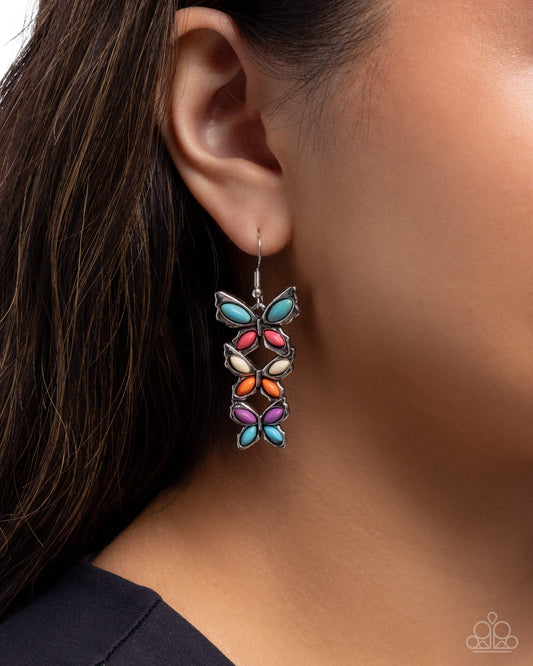 Fluttering Fantasy - Multicolored Turquoise, Pink, Orange, Purple Stone Butterfly Earring Paparazzi E3114