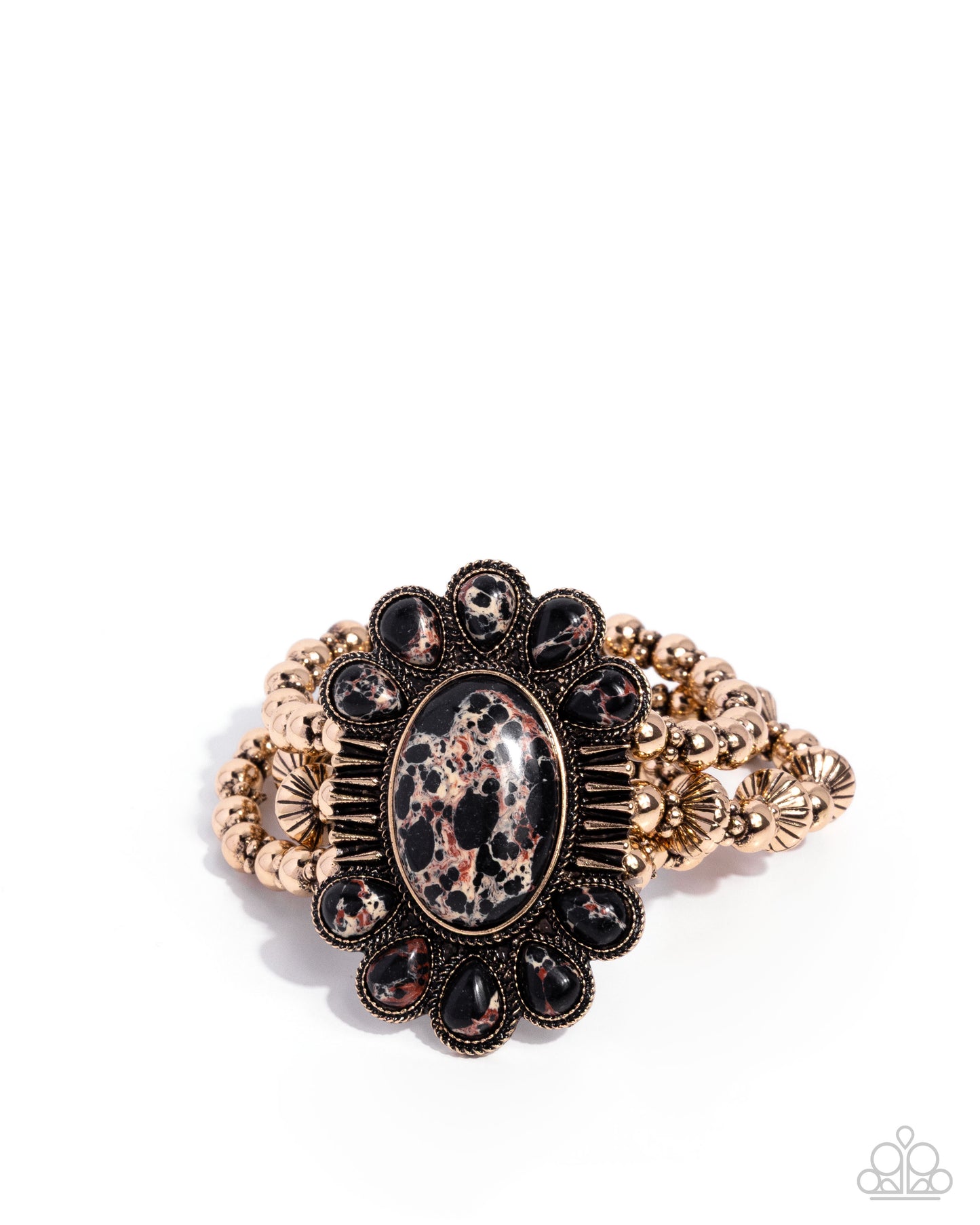 Prairie Protection - Black, Red & White Marbled Stone Gold Stretch Bracelet Paparazzi B2301
