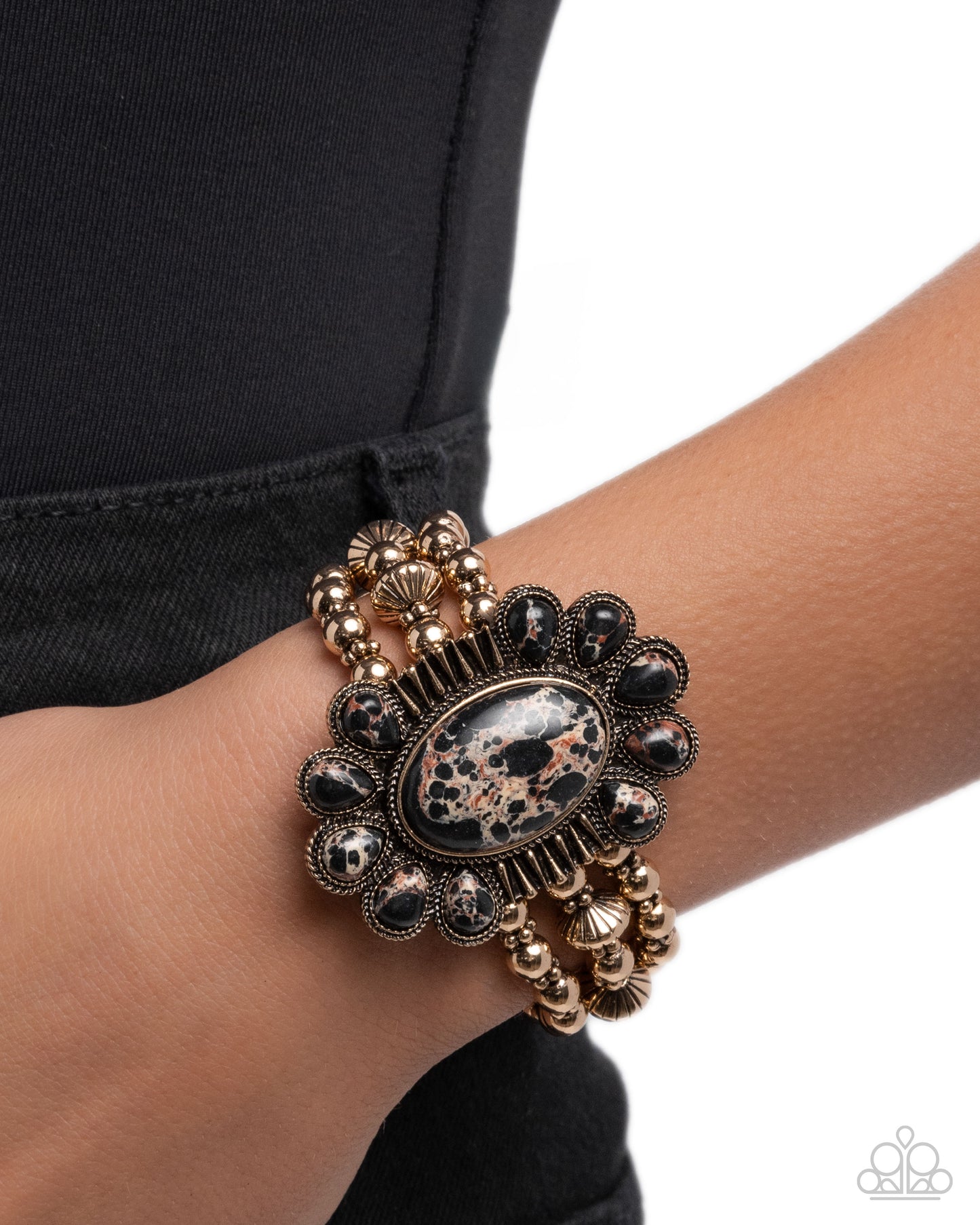 Prairie Protection - Black, Red & White Marbled Stone Gold Stretch Bracelet Paparazzi B2301