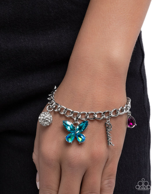 Luminous Lift - Multicolored Gem Blue Butterfly, Pink Gem, Silver "Blessed" Inspirational Charm Style Bracelet Paparazzi B2461