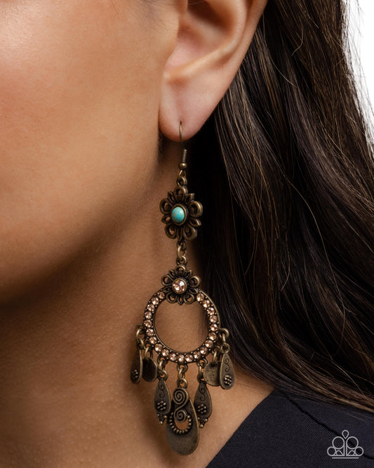 Majestic Mosaic - Brass Flower & Blue Turquoise Stone Fringe Earring Santa Fe Style Paparazzi E3093
