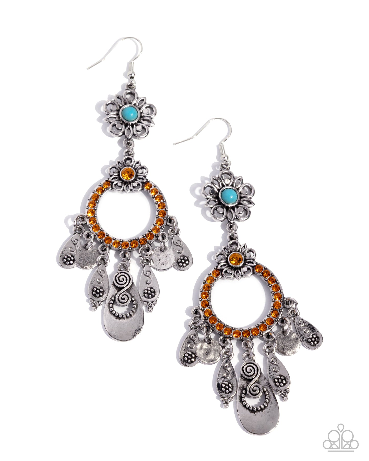 Paparazzi Majestic Mosaic - Orange Rhinestone & Turquoise Stone Silver Flower Fringe Earring Santa Fe Style