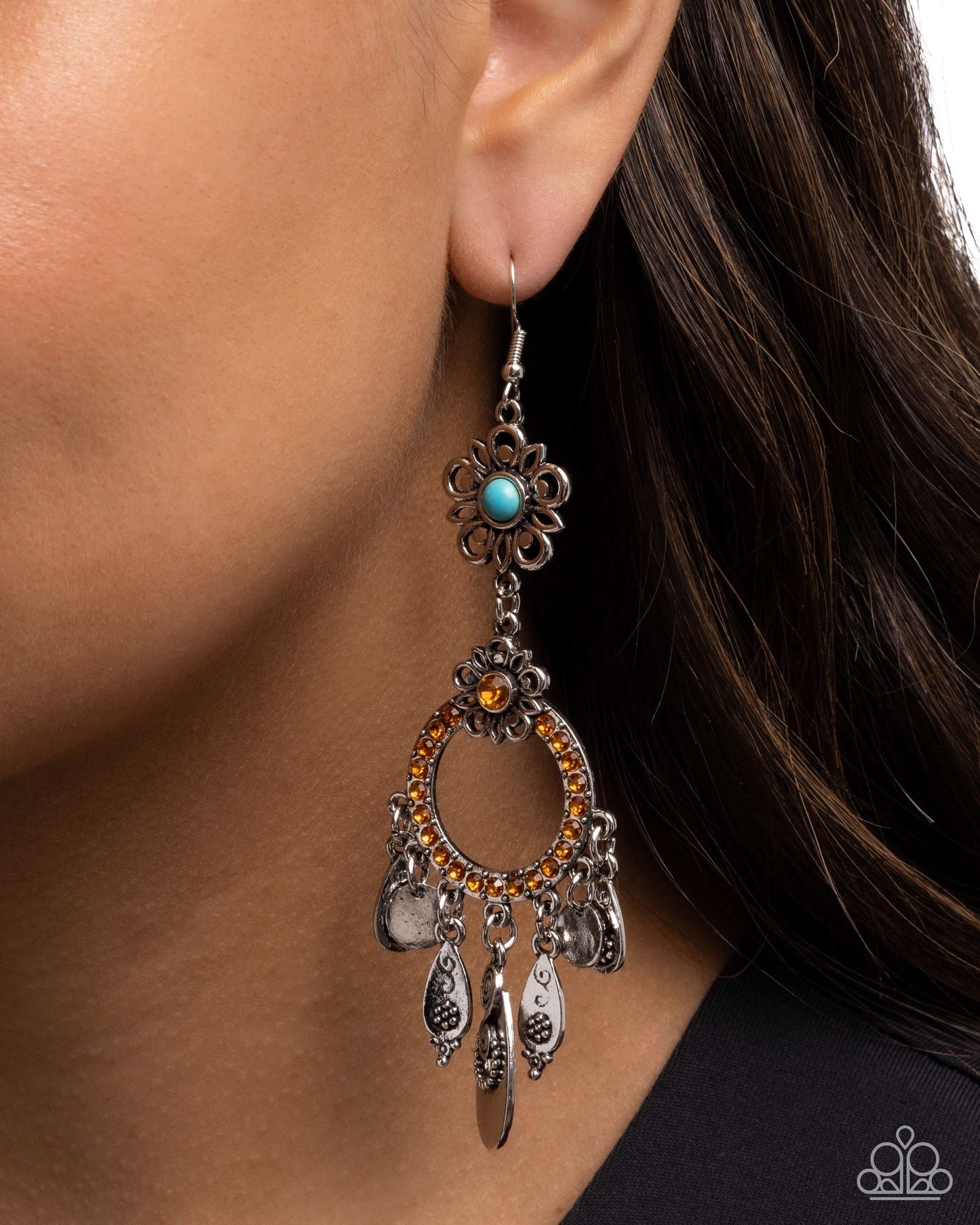 Paparazzi Majestic Mosaic - Orange Rhinestone & Turquoise Stone Silver Flower Fringe Earring Santa Fe Style