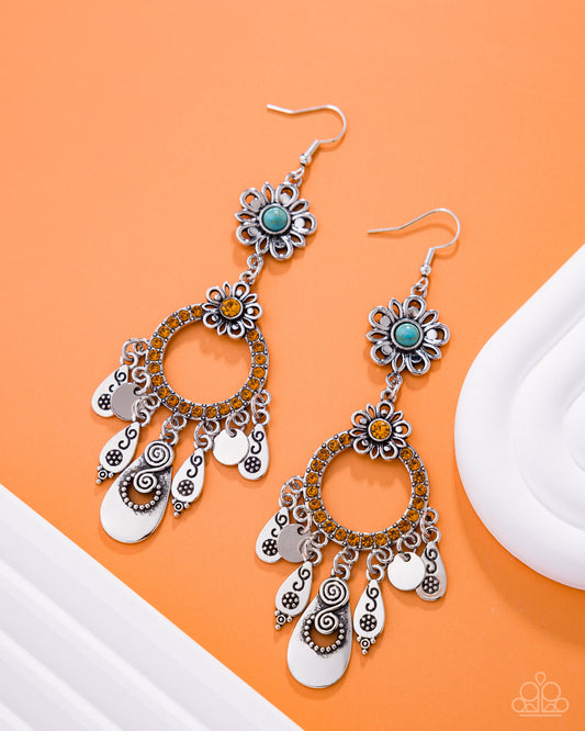 Paparazzi Majestic Mosaic - Orange Rhinestone & Turquoise Stone Silver Flower Fringe Earring Santa Fe Style