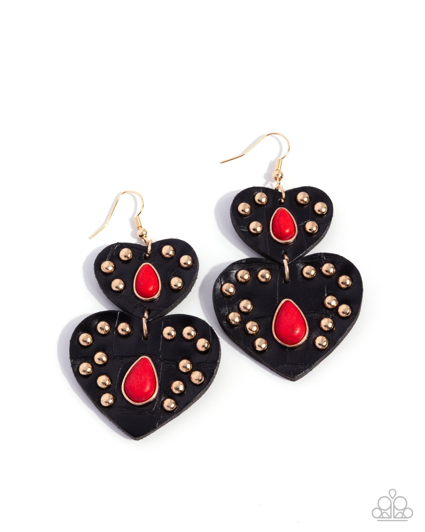 Paparazzi Studded Sister - Red Stone, Gold Stud & Black Leather Heart Earring Santa Fe Style E3312