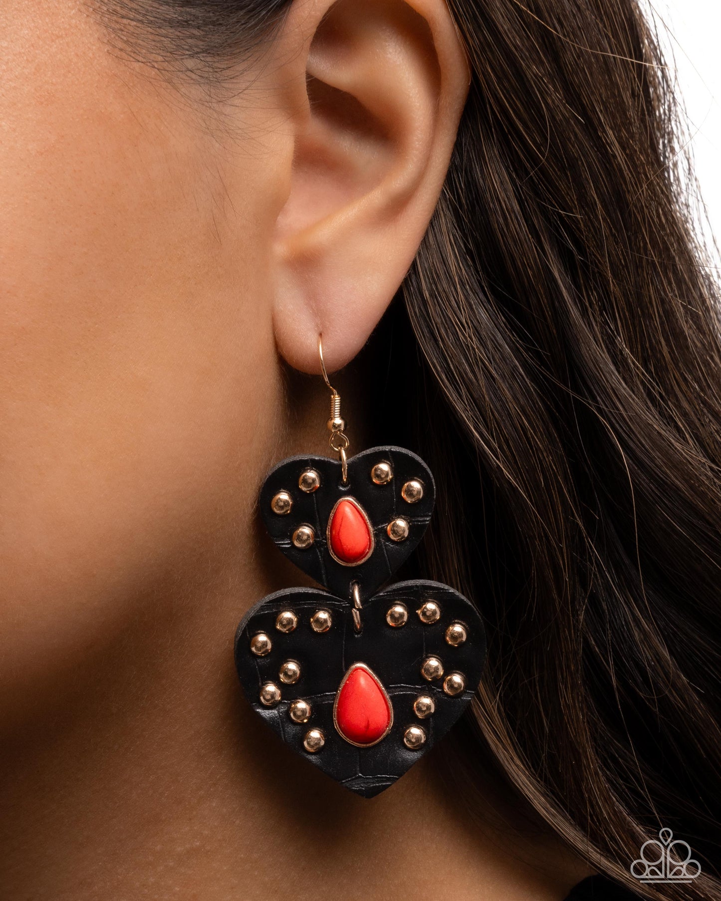 Paparazzi Studded Sister - Red Stone, Gold Stud & Black Leather Heart Earring Santa Fe Style E3312