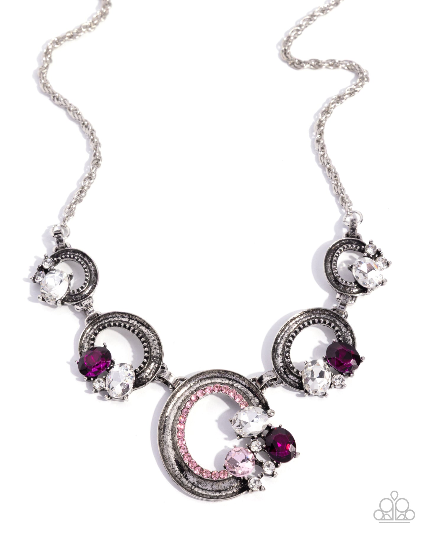 Polished Perch - Pink Fuchsia, Rose, Light Pink Rhinestone Gem & Antiqued Silver Rope Chain Necklace Paparazzi
