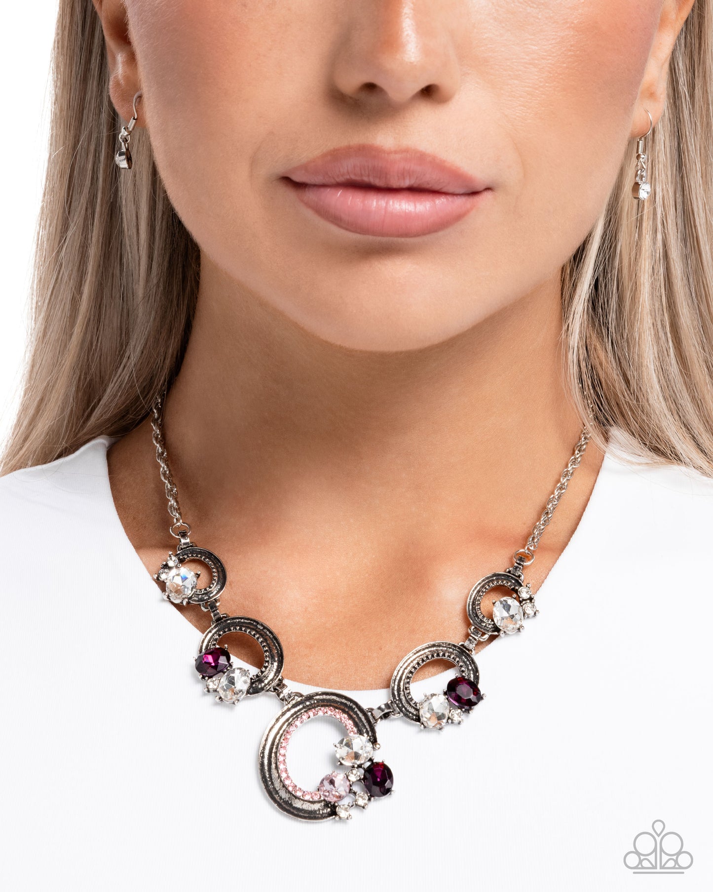 Polished Perch - Pink Fuchsia, Rose, Light Pink Rhinestone Gem & Antiqued Silver Rope Chain Necklace Paparazzi