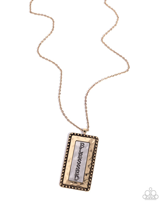 Bountifully Blessed - Gold Studded Antiqued Silver Hammered Bar Inspirational "BLESSED" Necklace Paparazzi