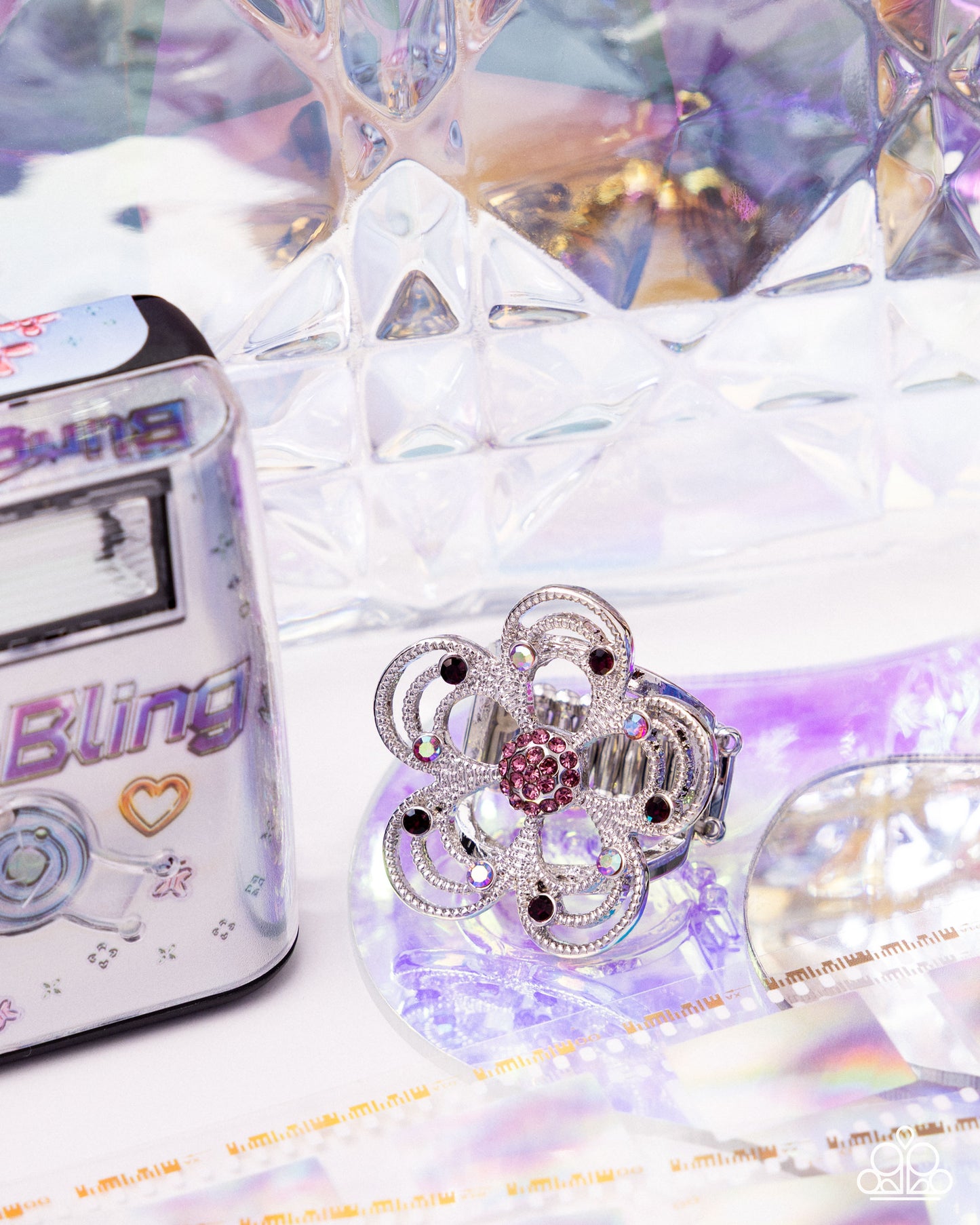 Paparazzi Still Studs - Purple, Light Amethyst, & Light Amethyst Iridescent Rhinestone Flower Ring R1298