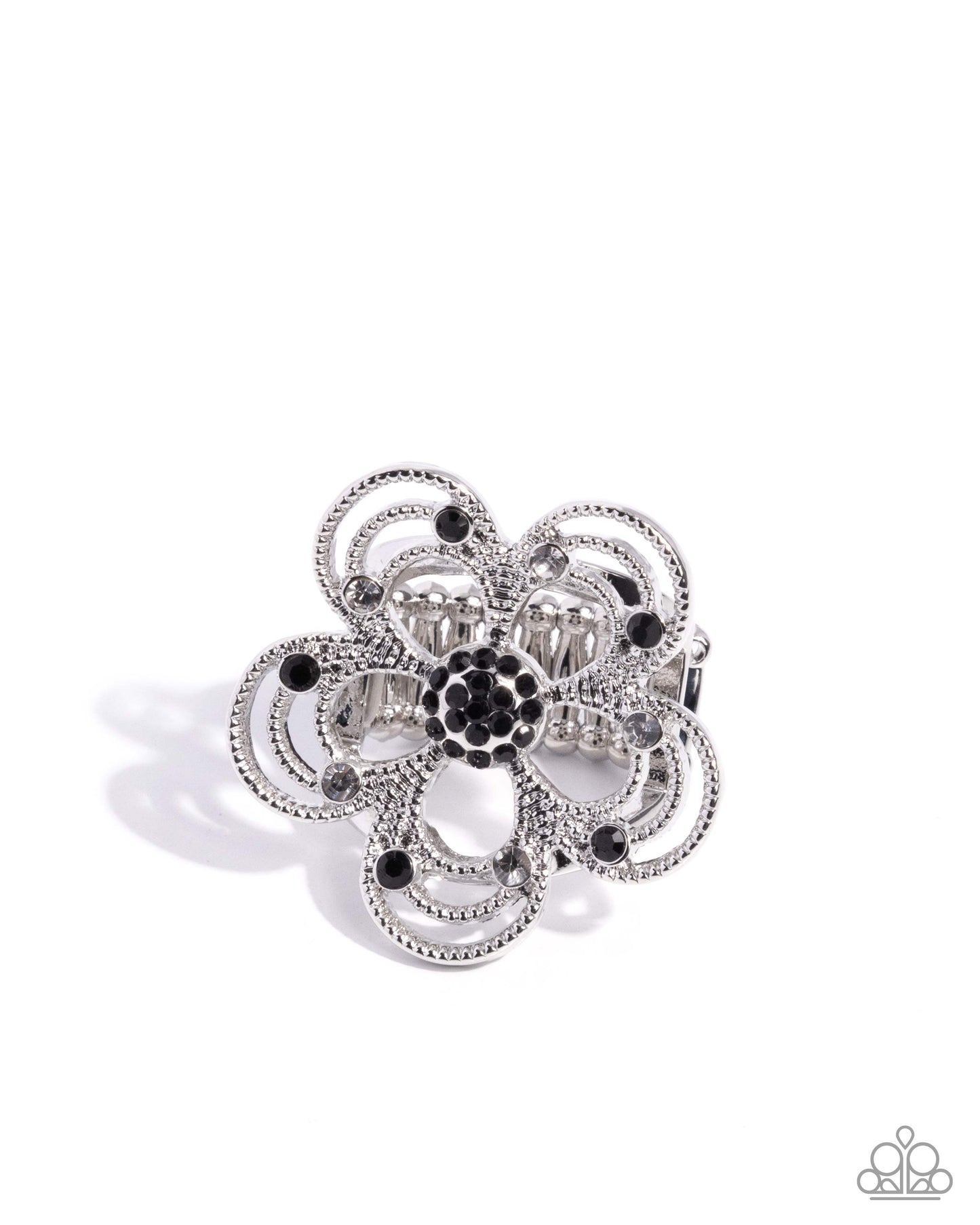 Still Studs - Black & Smoky Rhinestone 3-D Silver Flower Ring Paparazzi