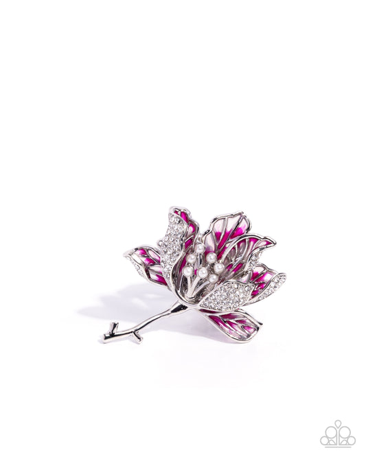 Ladylike Lotus - Multi Hot Pink Painted Accent, White Rhinestone Pearl Silver Lotus Flower Ring Paparazzi R1166