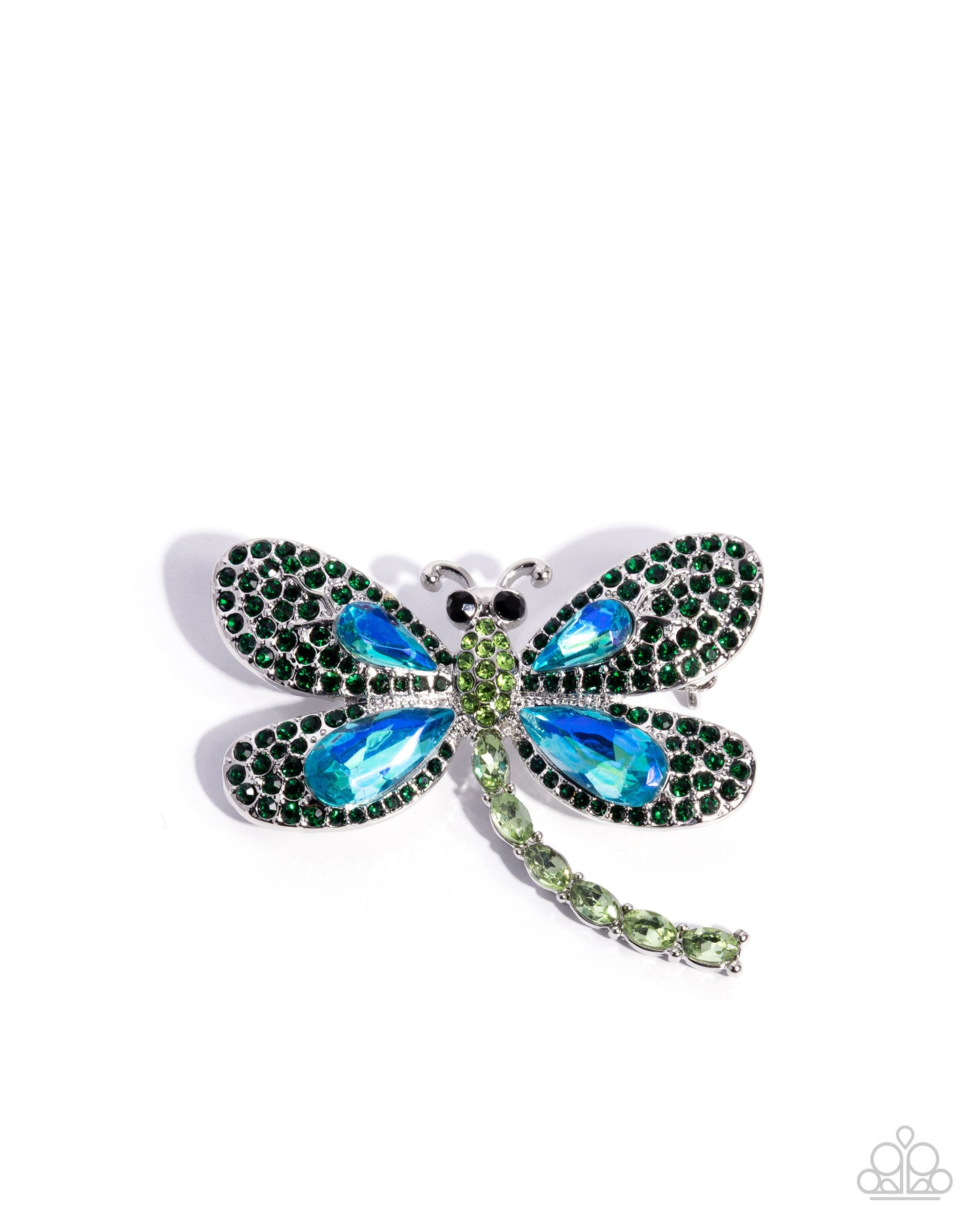 Divine Dragonfly - Green Emerald Rhinestone & Blue UV Gem Dragonfly Lapel Pin Brooch Paparazzi BR011