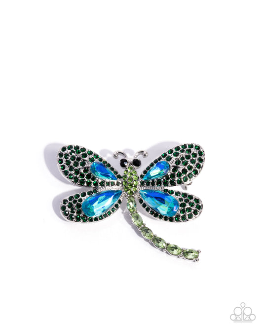 Divine Dragonfly - Green Emerald Rhinestone & Blue UV Gem Dragonfly Lapel Pin Brooch Paparazzi BR011