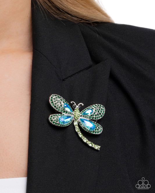 Divine Dragonfly - Green Emerald Rhinestone & Blue UV Gem Dragonfly Lapel Pin Brooch Paparazzi BR011