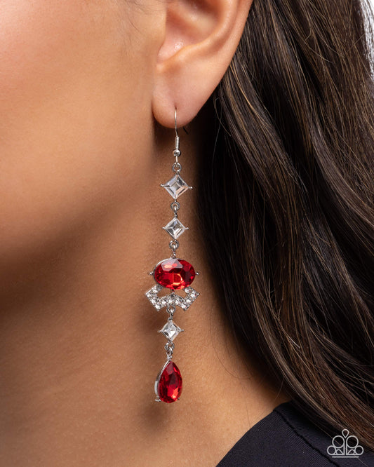 Unmatched Shimmer - Red Teardrop & White Gem Vertical Chain Earring Paparazzi