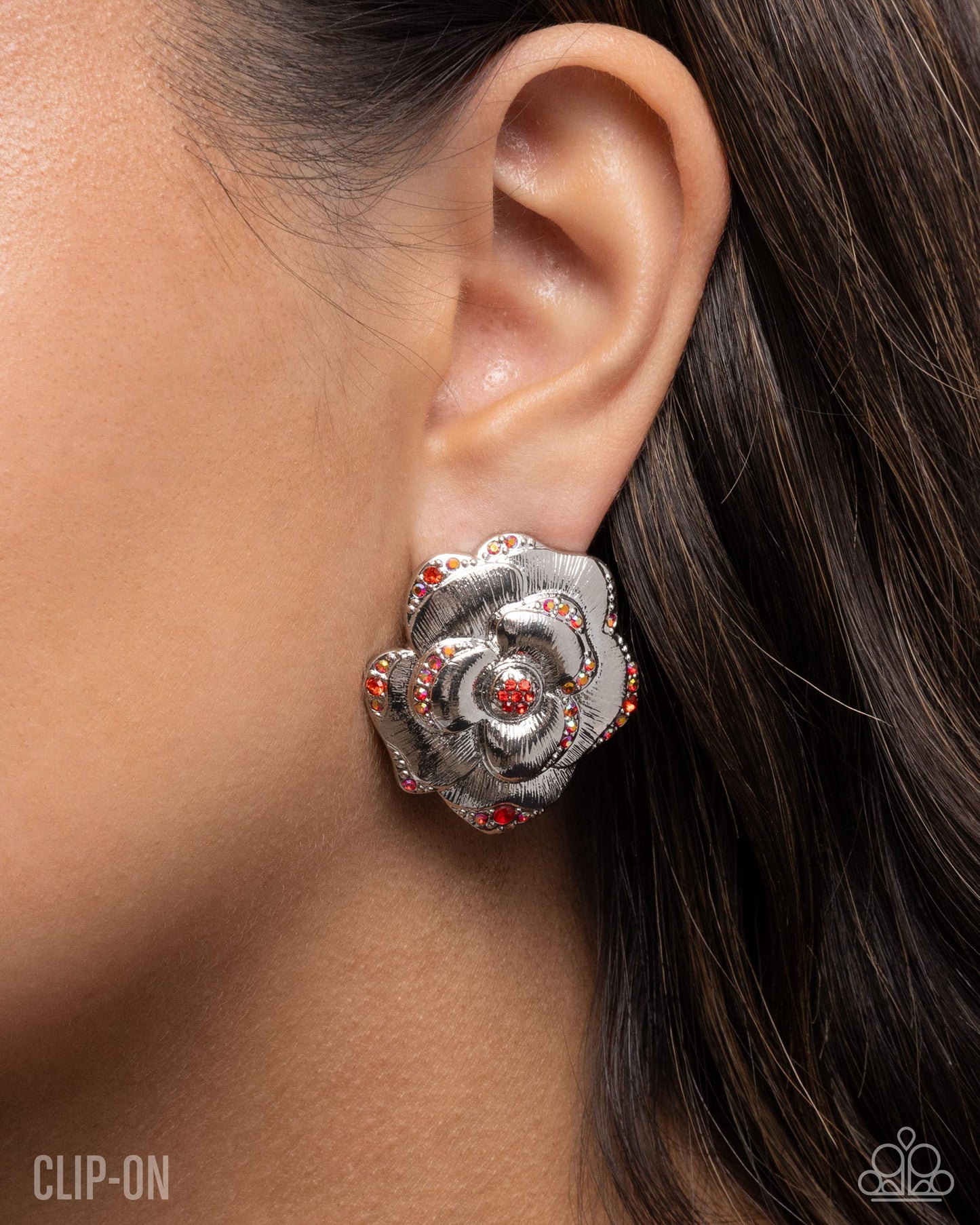 Paparazzi Rosy Reunion - Red Iridescent & Light Red Rhinestone Silver Flower Clip-on Earring