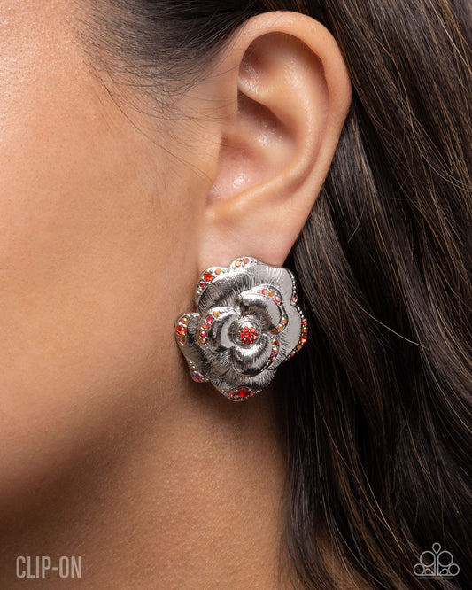Paparazzi Rosy Reunion - Red Iridescent & Light Red Rhinestone Silver Flower Clip-on Earring