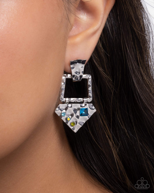 Paparazzi Hardware Headline - Blue Aquamarine, Emerald Iridescent Rhinestone Silver Hammered Earring E3157