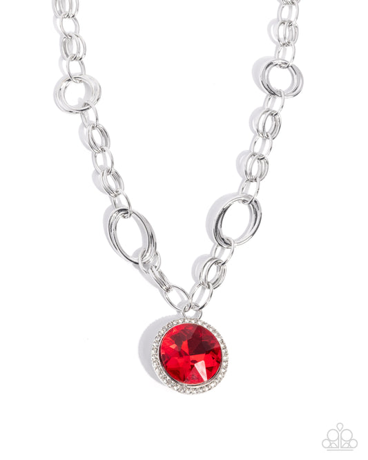 Paparazzi Sophisticated Statement - Red Large Gem Silver Abstract Chain Statement Necklace N3761