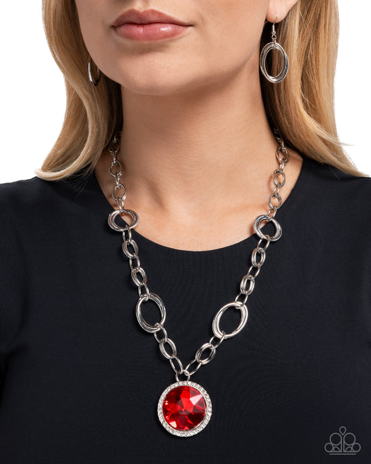 Paparazzi Sophisticated Statement - Red Large Gem Silver Abstract Chain Statement Necklace N3761