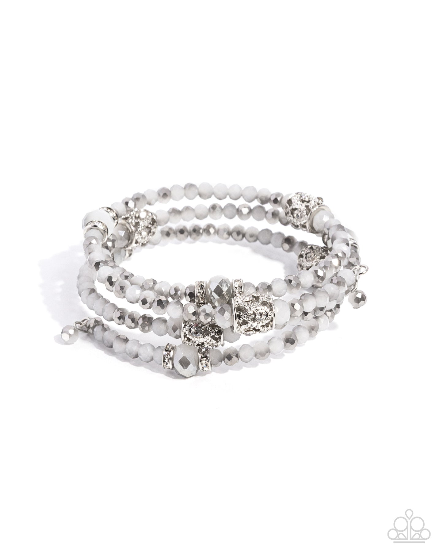 Paparazzi Sensible Shimmer - Silver Bead, White Rhinestone & White Acrylic Bead Coil Bracelet B2556