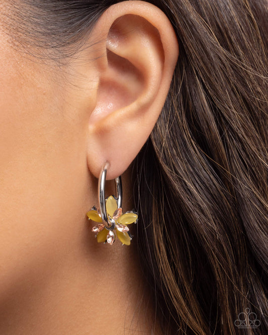 Floral Freedom - Multi Yellow Cat's Eye Stone Flower 1 Inch Hoop Earring Paparazzi E3111