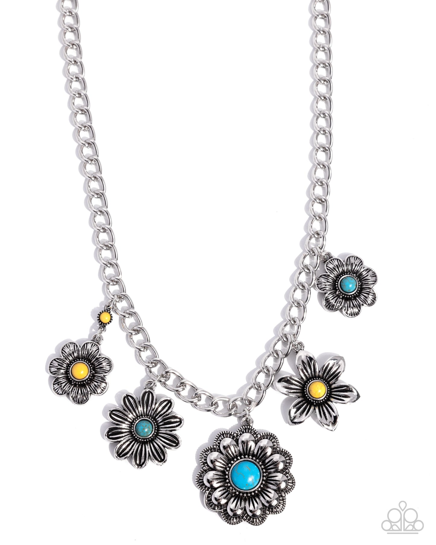 Paparazzi Soulful Santa Fe - Yellow & Turquoise Stone Silver Flower Santa Fe Style Necklace N3900