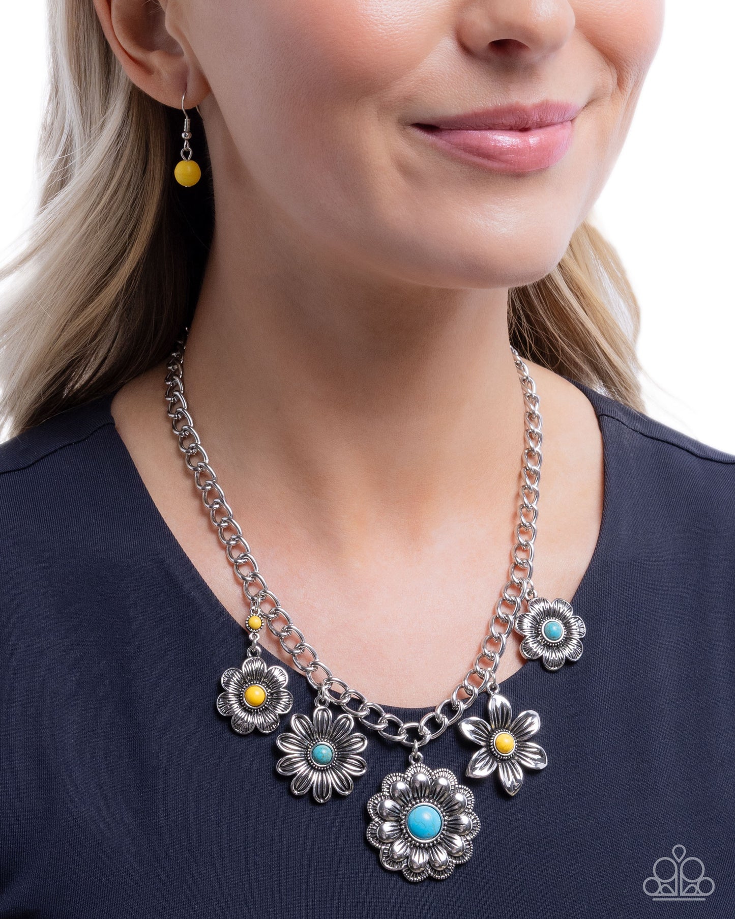 Paparazzi Soulful Santa Fe - Yellow & Turquoise Stone Silver Flower Santa Fe Style Necklace N3900