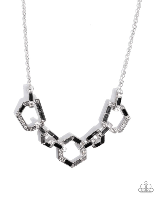 Paparazzi Geometric Glitter - Black, Smoky Gem & White Rhinestone Silver Necklace
