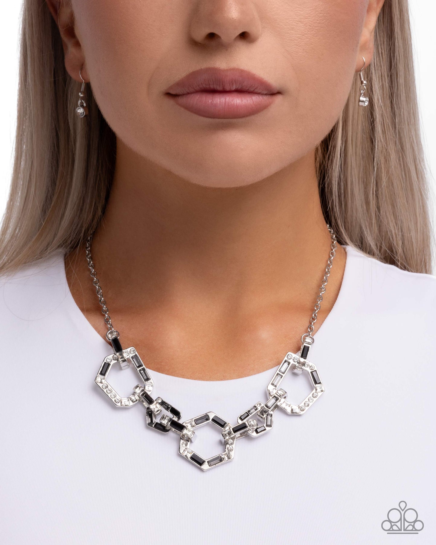 Paparazzi Geometric Glitter - Black, Smoky Gem & White Rhinestone Silver Necklace