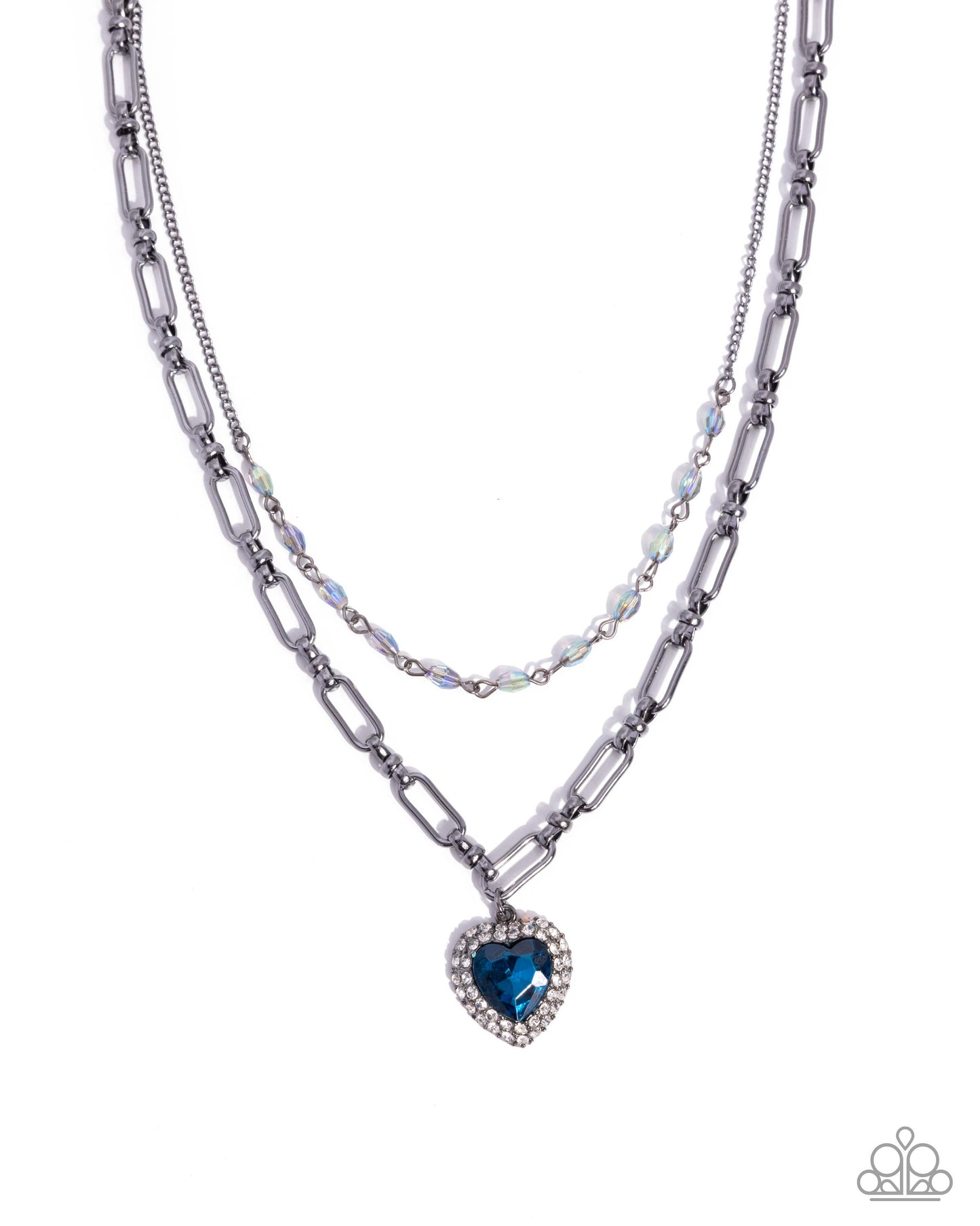 Paparazzi Match Made In HAUTE - Blue Heart Gem, Uv Shimmery Bead Gunmetal Layered Chain Necklace N3675