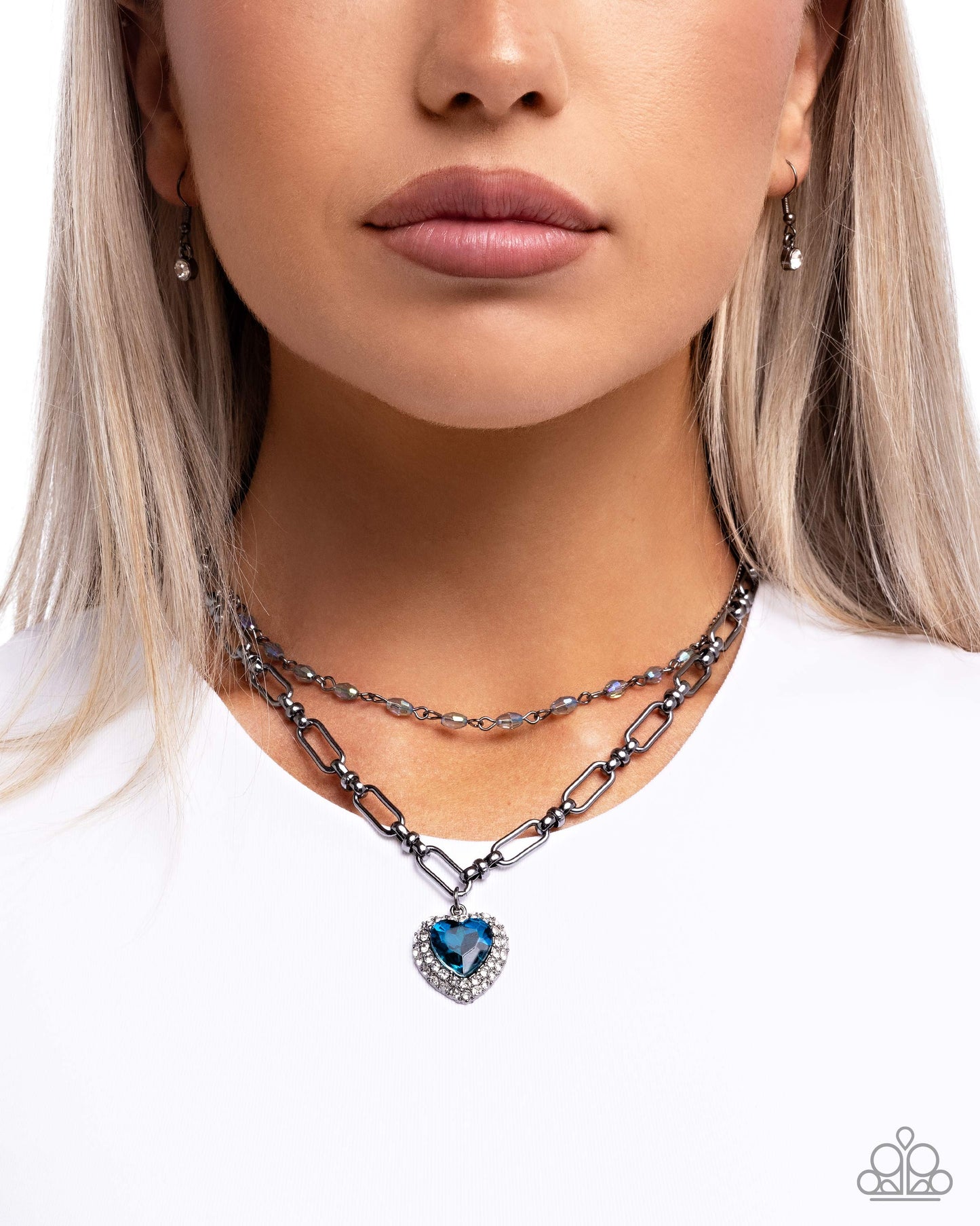 Paparazzi Match Made In HAUTE - Blue Heart Gem, Uv Shimmery Bead Gunmetal Layered Chain Necklace N3675