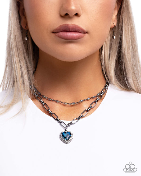 Paparazzi Match Made In HAUTE - Blue Heart Gem, Uv Shimmery Bead Gunmetal Layered Chain Necklace N3675