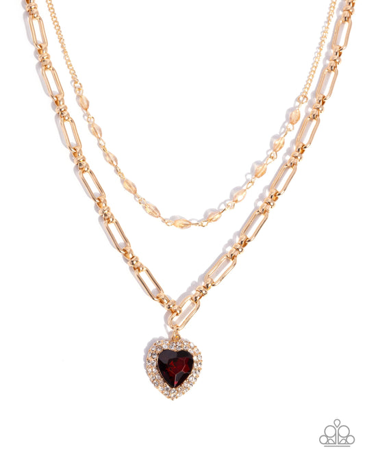 Match Made In HAUTE - Brown Topaz Gem White Rhinestone Heart Gold Layered Necklace Paparazzi
