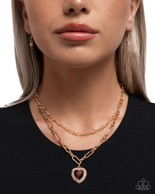 Match Made In HAUTE - Brown Topaz Gem White Rhinestone Heart Gold Layered Necklace Paparazzi