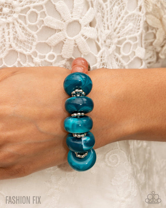 Bright Broadcast - Blue Swirled & Soft Terracotta Bead Stretch Bracelet Glimpses Of Malibu Fashion Fix July 2025 Paparazzi B2311