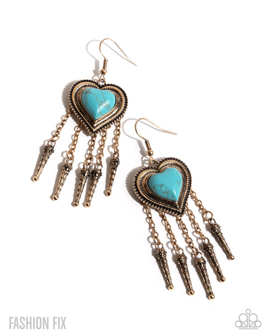 Besotted Badlands - Gold  - Antiqued Gold Blue Turquoise Heart Stone Earring Simply Santa Fe Fashion Fix July 2025 Paparazzi E2991