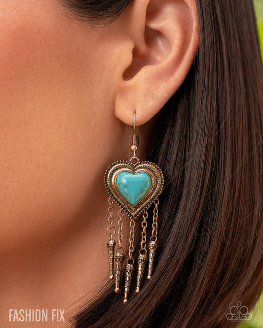 Besotted Badlands - Gold  - Antiqued Gold Blue Turquoise Heart Stone Earring Simply Santa Fe Fashion Fix July 2025 Paparazzi E2991