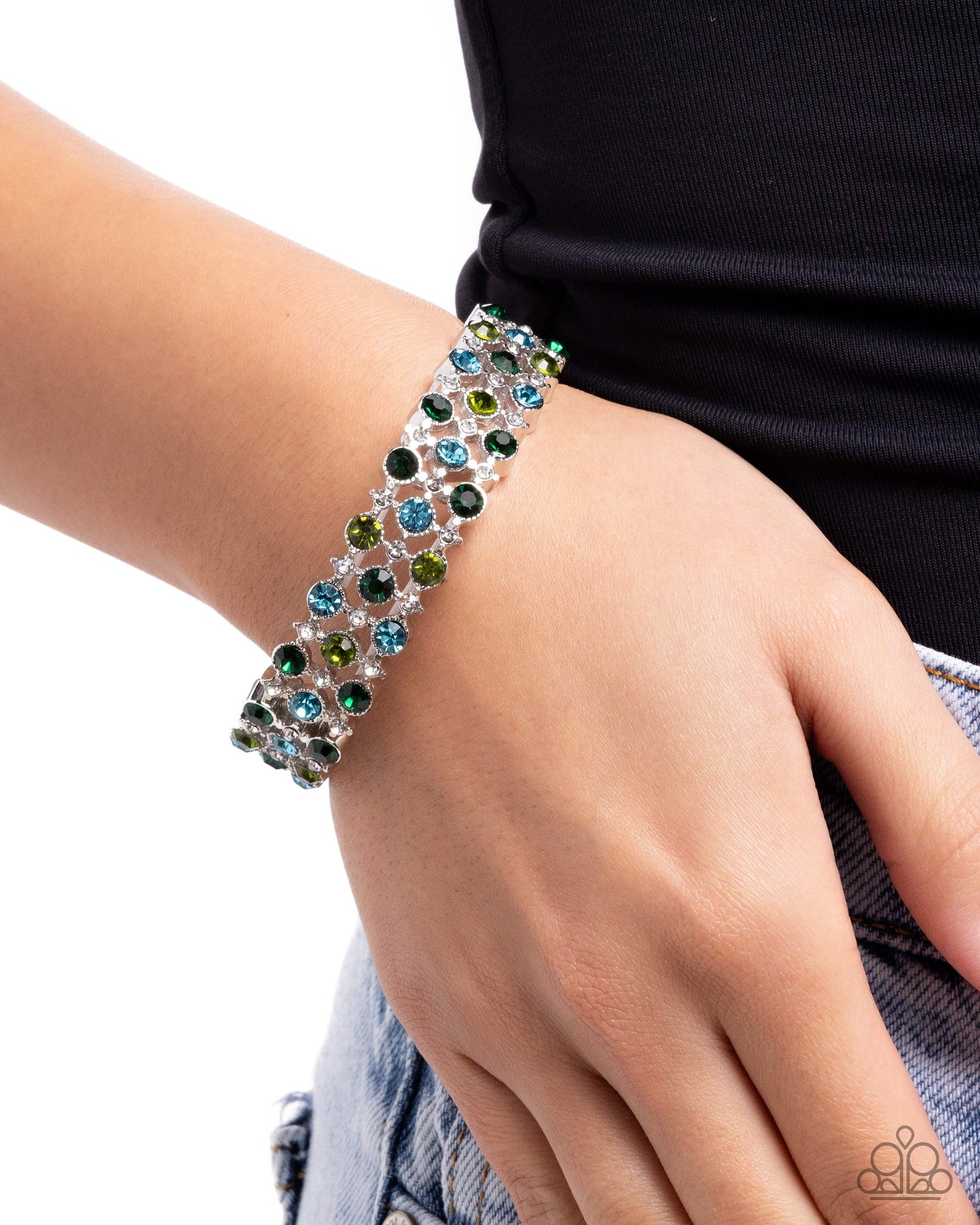 Ladylike Lattice - Green Emerald, Aquamarine & Olive Rhinestone Stretch Bracelet Paparazzi