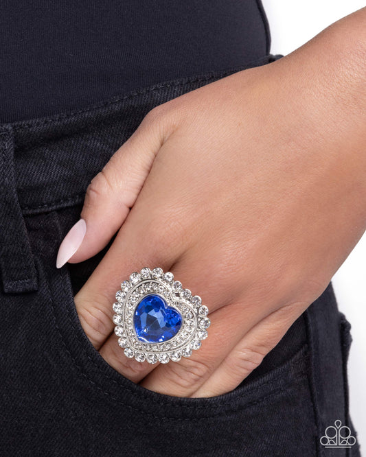 Head Over HEART - Blue Oversized Heart Gem & White Rhinestone Ring Paparazzi R1145
